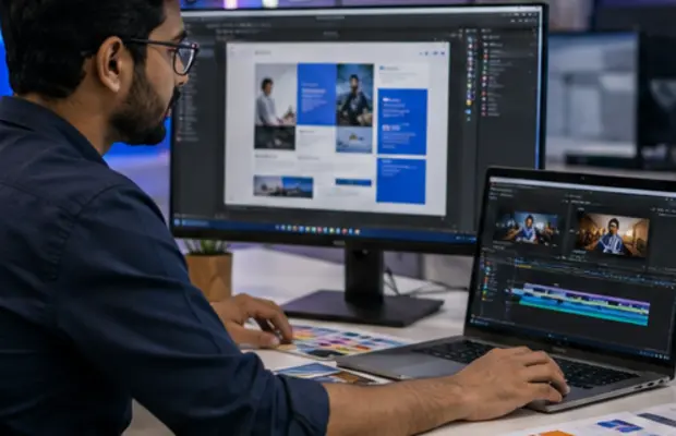 Professional designer and video editor creating digital marketing visuals